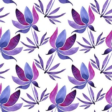 Seamless pattern watercolor hand-drawn blue abstract bud flower on white. Art Stock Illustration