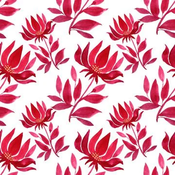 Seamless pattern watercolor hand-drawn red flower chrysanthemum or lily and Stock Illustration