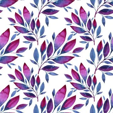 Seamless pattern watercolor hand-drawn blue purple abstract bud flower leaves on Stock Illustration