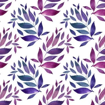 Seamless pattern watercolor hand-drawn blue purple abstract bud flower leaves on Stock Illustration
