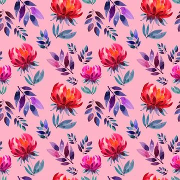 Seamless pattern watercolor hand-drawn red and orange flower chrysanthemum or Stock Illustration