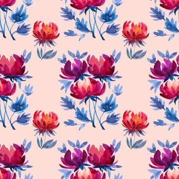 Seamless pattern watercolor hand-drawn red and orange flower chrysanthemum or Stock Illustration