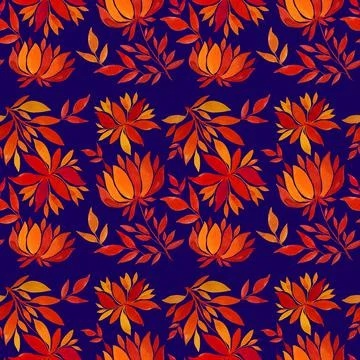 Seamless pattern watercolor hand-drawn orange and red flower chrysanthemum or Stock Illustration
