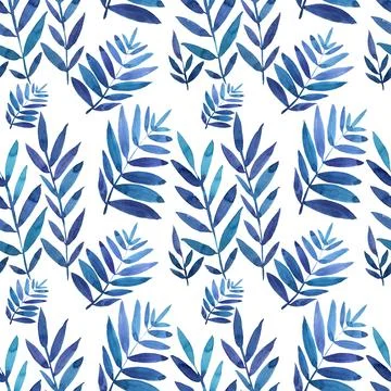 Seamless pattern watercolor hand-drawn blue branch with leaves fern on white Stock Illustration