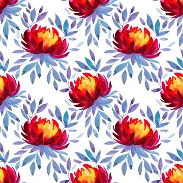 Seamless pattern watercolor hand-drawn red and orange flower chrysanthemum or Stock Illustration