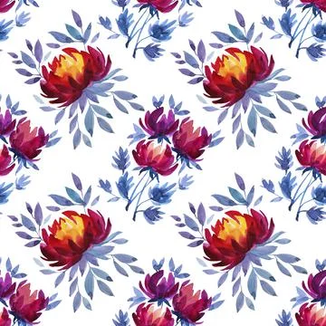 Seamless pattern watercolor hand-drawn red and orange flower chrysanthemum or Stock Illustration