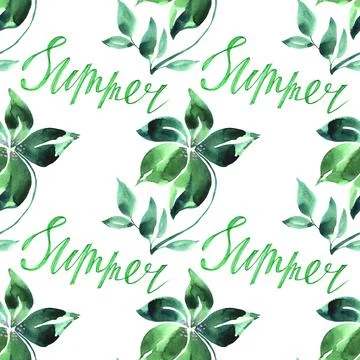 Seamless pattern watercolor hand-drawn green abstract flower with leaves and Stock Illustration