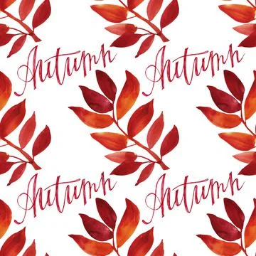 Seamless pattern watercolor hand-drawn orange and red autumn leaves branch and Stock Illustration