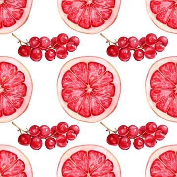 Seamless pattern watercolor hand-drawn slice of red grapefruit and berries on Stock Illustration