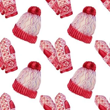 Seamless pattern watercolor hand-drawn red winter christmas hat with pompom and Stock Illustration