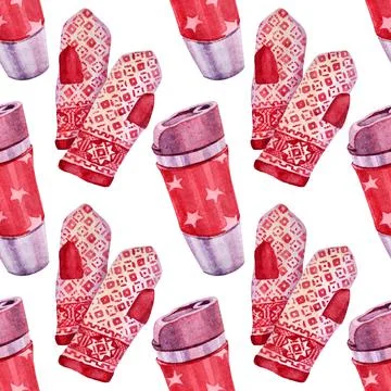 Seamless pattern watercolor hand-drawn pair of red mittens and thermos cup on Stock Illustration