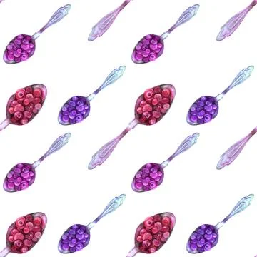 Seamless pattern watercolor hand-drawn spoon with red and blue lingonberry Stock Illustration