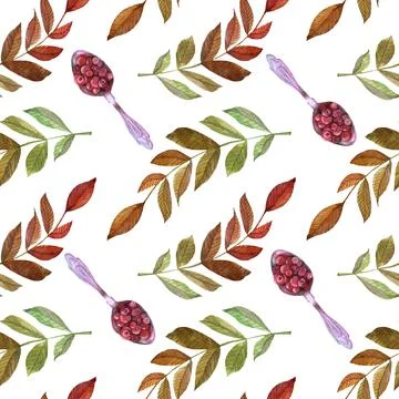 Seamless pattern watercolor hand-drawn orange and red autumn leaves branch and Stock Illustration