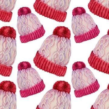 Seamless pattern watercolor hand-drawn red winter christmas hat with pompom Stock Illustration
