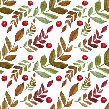 Seamless pattern watercolor hand-drawn orange and red autumn leaves branch and Stock Illustration