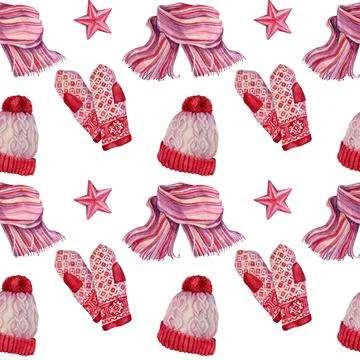 Seamless pattern watercolor hand-drawn pair of red mittens, winter christmas hat Stock Illustration