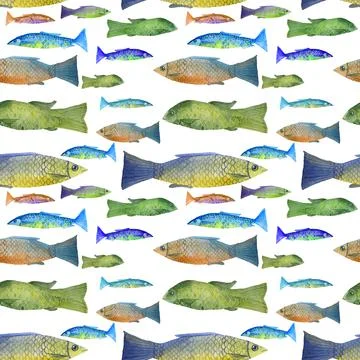 Seamless pattern watercolor hand drawn blue, green, yellow fish naive art Stock Illustration