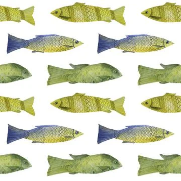 Seamless pattern watercolor hand drawn blue, green, yellow fish naive art Illustrazione stock