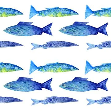Seamless pattern watercolor hand drawn blue fish naive art creative background Illustrazione stock