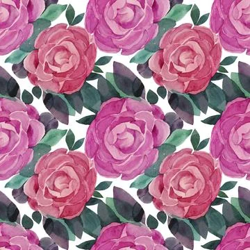 Seamless pattern watercolor hand-drawn pink and red flower with leaves peony Stock Illustration