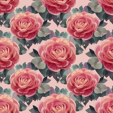 Seamless pattern watercolor hand-drawn flower with leaves peony camellia rose Stock Illustration