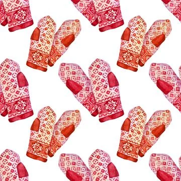 Seamless pattern watercolor hand-drawn pair of red mittens on white background Stock Illustration