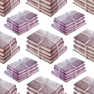 Seamless pattern watercolor hand-drawn stack of old brown books isolated on Stock Illustration