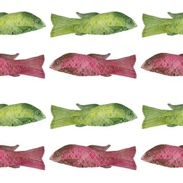 Seamless pattern watercolor hand drawn red and green fish naive art creative Stock Illustration