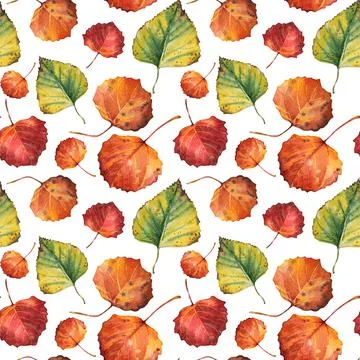 Seamless pattern watercolor hand-drawn autumn yellow green red leaves on white Stock Illustration
