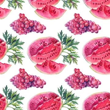 Seamless pattern watercolor hand-drawn purple and red grape, watermelon, leaves Stock Illustration