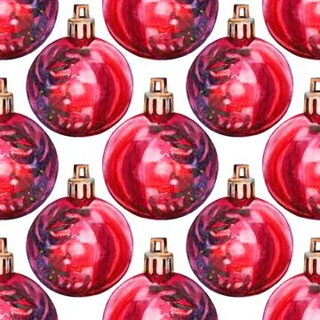 Seamless pattern watercolor hand-drawn red shiny christmas decoration disco ball Stock Illustration