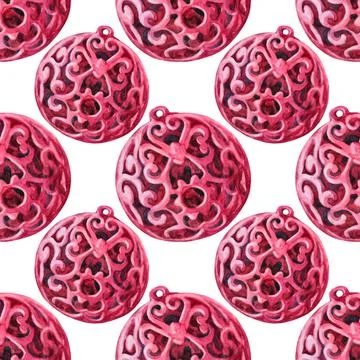 Seamless pattern watercolor hand-drawn red christmas decoration lace ball Stock Illustration