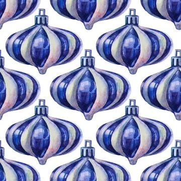 Seamless pattern watercolor hand-drawn blue, white, silver shiny christmas Stock Illustration
