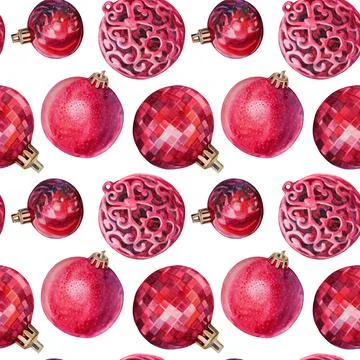 Seamless pattern watercolor hand-drawn red christmas decoration ball isolated on Stock Illustration