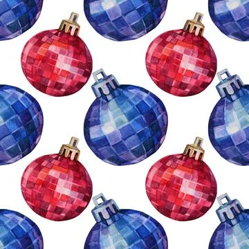Seamless pattern watercolor hand-drawn blue red shiny christmas decoration disco Stock Illustration