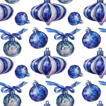 Seamless pattern watercolor hand-drawn silver shiny christmas decoration circle Stock Illustration