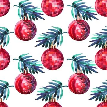 Seamless pattern watercolor hand-drawn red shiny decoration ball and christmas Stock Illustration