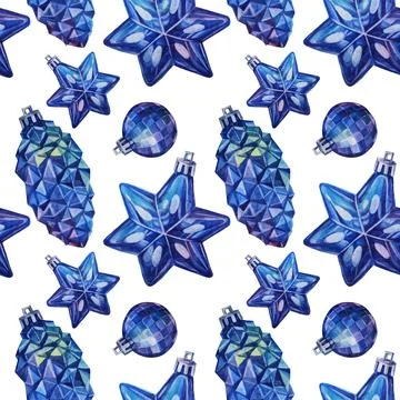 Seamless pattern watercolor hand-drawn winter blue white shiny christmas Stock Illustration