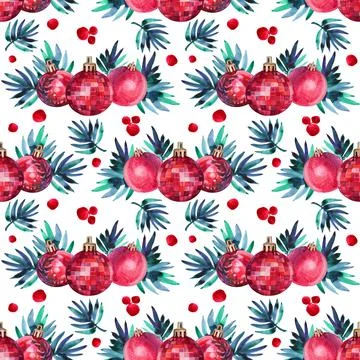 Seamless pattern watercolor hand-drawn red shiny decoration ball and christmas Stock Illustration