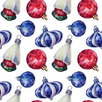 Seamless pattern watercolor hand-drawn blue red shiny christmas decoration ball Stock Illustration
