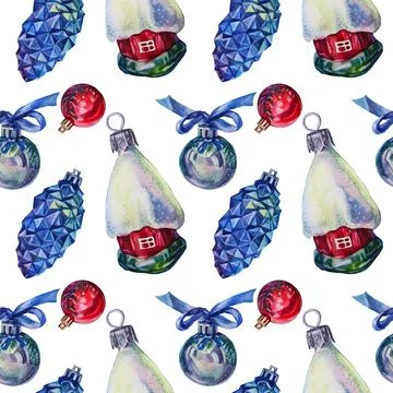 Seamless pattern watercolor hand-drawn blue red shiny christmas decoration ball Stock Illustration