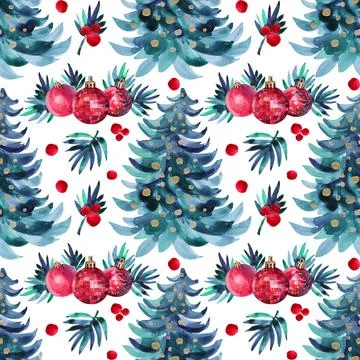 Seamless pattern watercolor hand-drawn red shiny decoration ball and christmas Stock Illustration