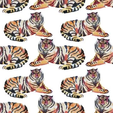 Seamless pattern watercolor hand-drawn abstract tiger wild cat lies resting on Stock Illustration