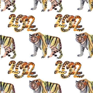 Seamless pattern watercolor hand-drawn abstract tiger wild cat and number 2022 Stock Illustration
