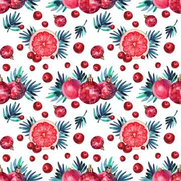 Seamless pattern watercolor hand-drawn red shiny decoration ball, christmas tree Stock Illustration