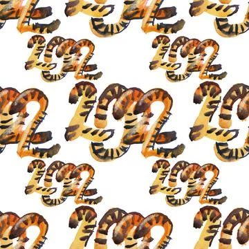 Seamless pattern watercolor hand-drawn abstract tiger number 2022 on white Illustrazione stock