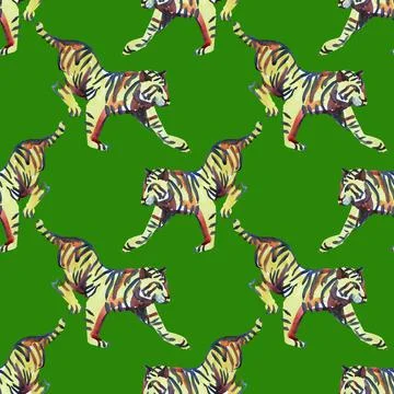Seamless pattern watercolor hand-drawn abstract tiger wild cat isolated on green Stock Illustration