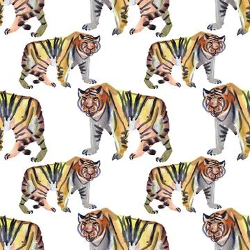 Seamless pattern watercolor hand-drawn abstract tiger wild cat isolated on white Stock Illustration