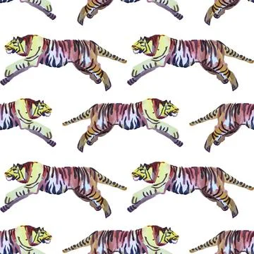 Seamless pattern watercolor hand-drawn abstract jump tiger wild cat on white Stock Illustration