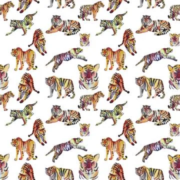 Seamless pattern watercolor hand drawn abstract jump tiger wild cat on white Stock Illustration